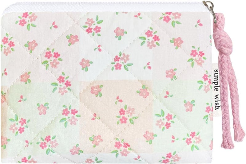 Modacarry Store Cotton Quilted Floral Coin Purse Digital Camera Pouch with Cute Prints Zipper for Women Girls (GREEN PINK PATCH) - Image 1